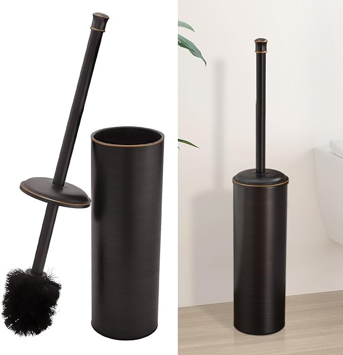 BESy Toilet Brush and Holder Toilet Cleaner Bowl Set with Two Brush with Extra Long Handle Durable Bristles Toilet Scrubber and Covered Holder Drip-Proof Stainless Steel Oil Rubbed Bronze