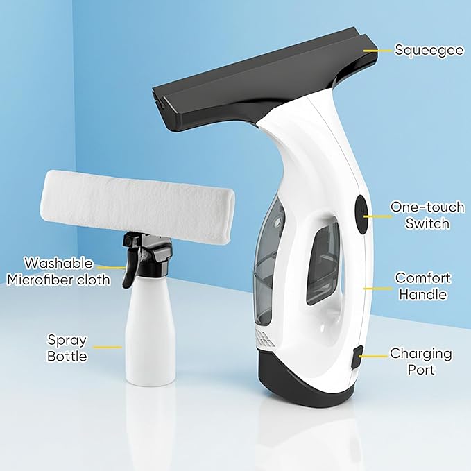 Cordless Window Vacuum Squeegee with Detachable Water Tank 2000Pa Strong Suction Rechargeable Glass Cleaner for Windows Shower Mirror &amp Tiles Lightweight 2-in-1 Wiper with Microfiber Pad