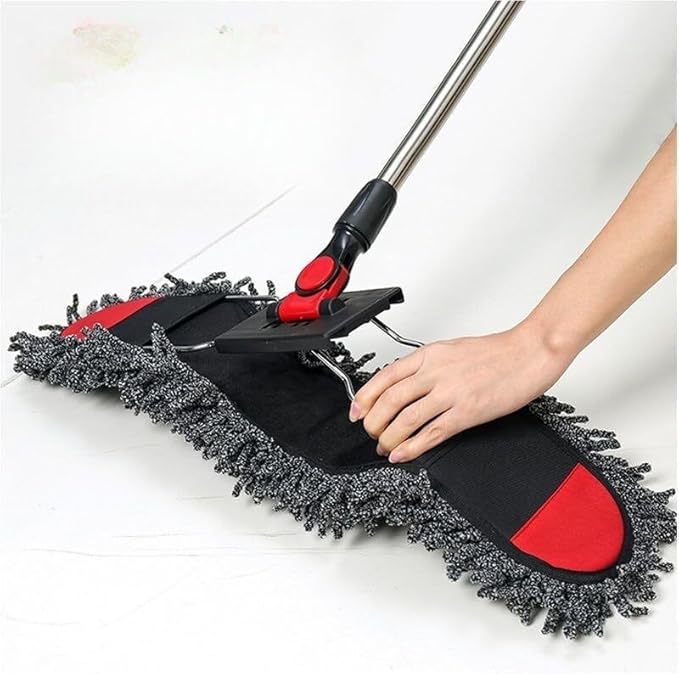 Folding dust mop Large Household and Hotel Thickened Cotton Thread Floor mop 24-inch Black and red +1 Head (Total 2 Heads)