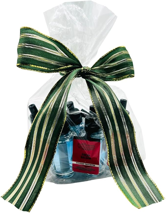 Bath &amp Body Works FRESH BALSAM Wallflowers Home Fragrance Refill Gift Set with 30-Inch Forest Green Ribbon and Metallic Gold Stripes &amp Sheer Accents for Holidays 0.8 fl oz each - Pack of 6