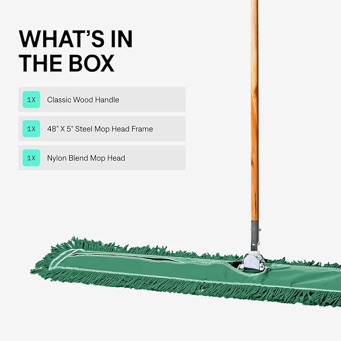 48 Inch Green Commercial Dust Mop &amp Floor Sweeper – Wood Handle Floor Mop for Tile Hardwood &amp Concrete