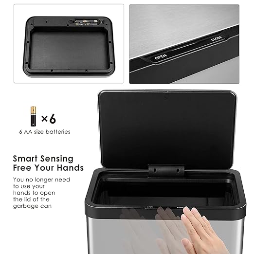 13 Gallon Automatic Kitchen Trash Can with Motion-Sensing LidPlastic Bathroom Trash Can Touchless High-Capacity Garbage Can Rectangular Trash Can with Lid (Grey)