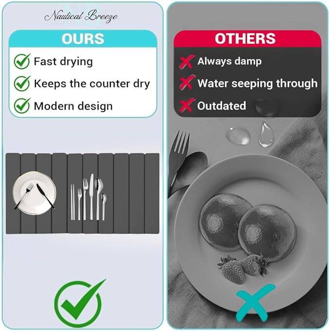 Roll-Up Stone Mat - Premium Diatomaceous Earth Dish Drying Rack Water Absorbent Roll-Out Dish Drying Mat for Kitchen Countertops Eco-Friendly Quick-Dry Surface