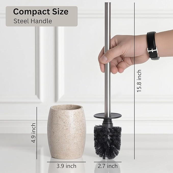 Toilet Bowl Brush and Holder with Stainless Steel Long Handle Toilet Scrubber Brush with Durable Base 360° Deep Cleaning Bristles for Bathroom Compact Set for Small Space (Beige)