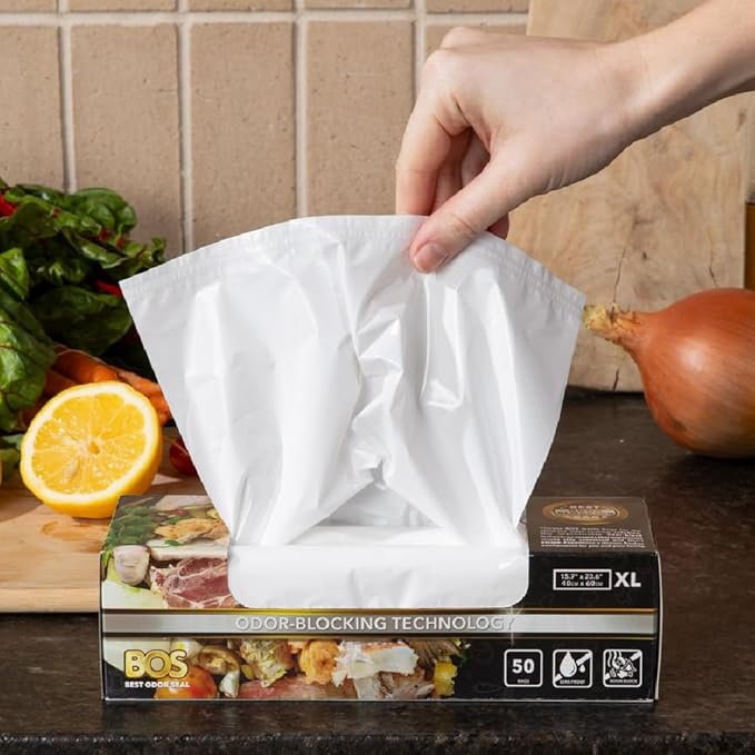 BOS Odor-Sealing Kitchen Home &amp Food Small Trash Bags for Waste- Disposable Bags - Scent &amp Smell Free (50 Bags) [Size XL Color White] (Pack of 1)