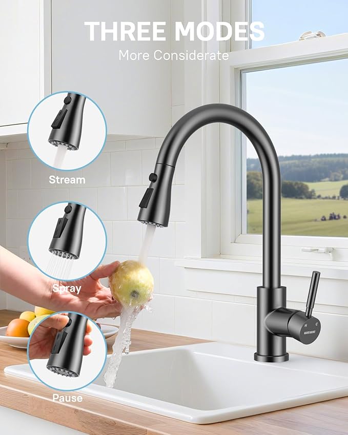 WEWE Kitchen Faucet with Pull Down Sprayer and Soap Dispenser Matte Gray High Arc Single Handle Stainless Steel Sink Faucet Suitable for Farmhouse RV &amp Laundry