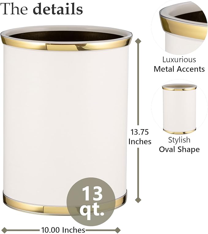 Kraftware 50274 Sophisticates W/Polished 14 Oval Waste Basket Wastebasket White with Brass