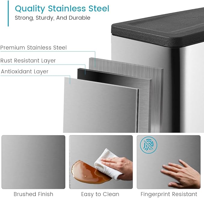 12 Gallon Trash Can with Lid45L Kitchen Garbage CanStainless Steel Trash Can for Narrow Spaces with Soft-Close Lid Inner Bucket and Step-on Pedal
