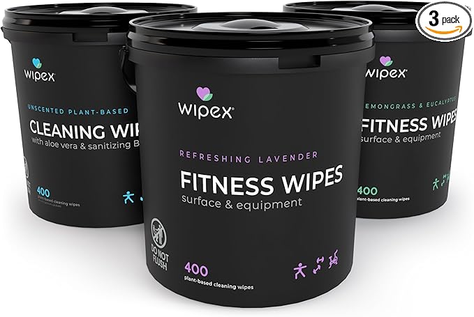 Wipex Gym Cleaning Wipes Bundle - Get 3 Buckets (1) Lavender (1) Lemongrass Plant-Based Fitness Equipment Wipes and (1) Sanitizing BZK Bucket for Hands Use at home or Gym 400 Count (Pack of 3)