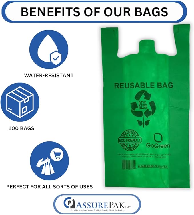 ASSUREPAK Green PP Non Woven Reusable Bags - 100 Bags - 1/6 BBL 12X7X22 - 45 GSM - Green - 12722GRNPPNWRB45