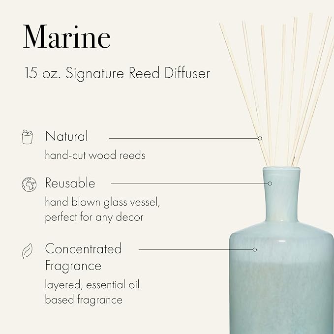 LAFCO New York Signature Reed Diffuser Marine - 15 oz - Up to 9 Months Fragrance Life - Reusable Hand Blown Glass Vessel - Natural Wood Reeds - Made in The USA