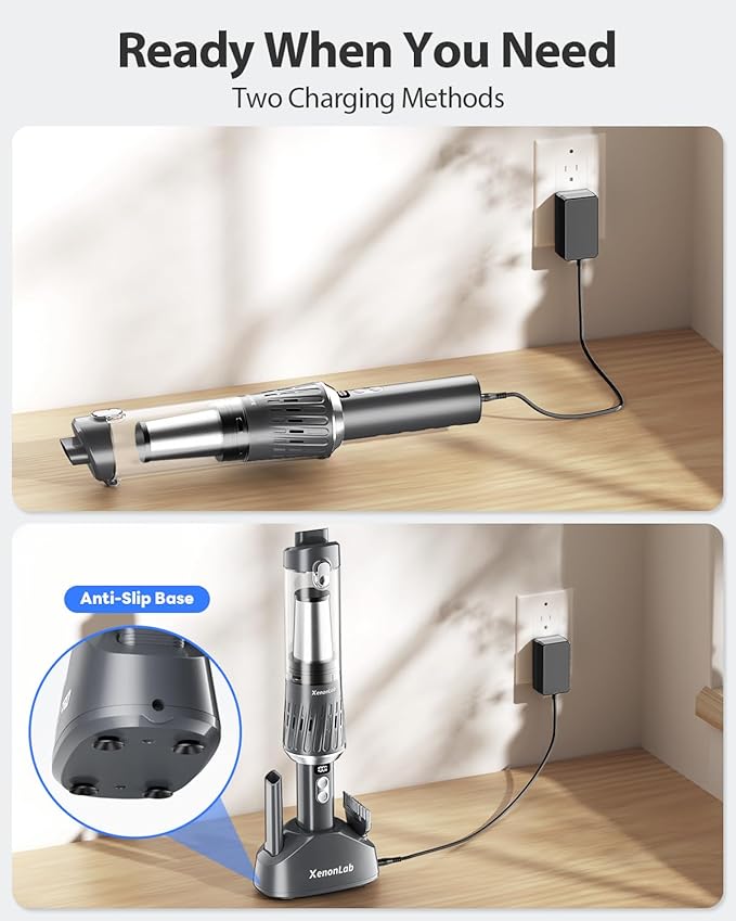 Handheld Vacuum Cordless 25000Pa Car Vacuum 3-in-1 Handheld Vacuum Includes Smart Display and Charging Base Hand Vac Cordless Rechargeable One-Touch Empty for Home/Pet/Car (Silver)
