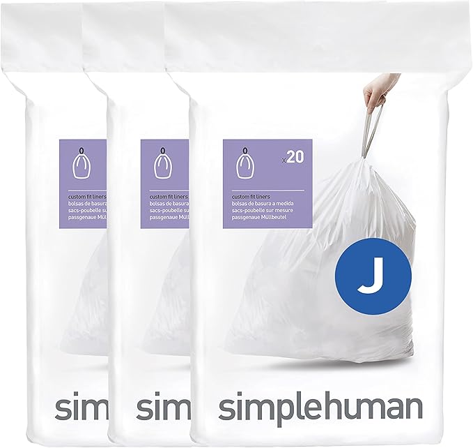 simplehuman Code J 60 Count Dispenser Pack Custom Fit Liners Drawstring Trash Bags 30-45 Liter / 8-12 Gallon White