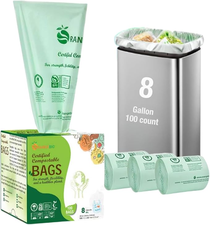 OrangeBio 6-8 Gallon Compostable Trash Bags 100 Count Kitchen Food Waste &amp Compost Bin Liners Plant-Based Garbage Bags BPI ASTM D6400 &amp TÜV OK Compost Home Certified