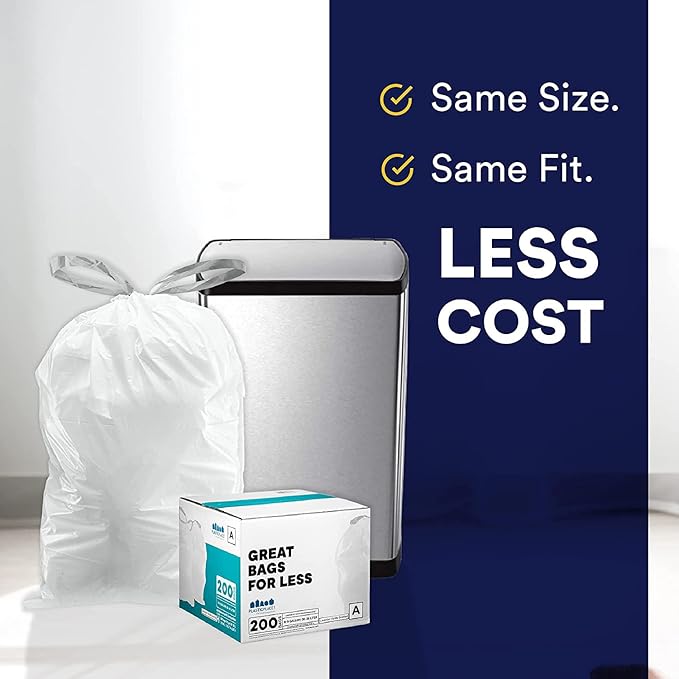 Plasticplace Trash Bags Code A Fit Compatible (200 Count) Garbage Bags Liner White Drawstring Garbage Liners 1.2-2 Gallon 4.5 Liter Tear-Resistant Scent-Free for Food Waste &amp Small Spaces