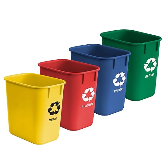 Acrimet Wastebasket Bin for Recycling 3.25 Gallon/13 Quart/12 Liter (Made of Plastic) (Metal/Yellow Paper/Blue Glass/Green Plastic/Red) (Set of 4)