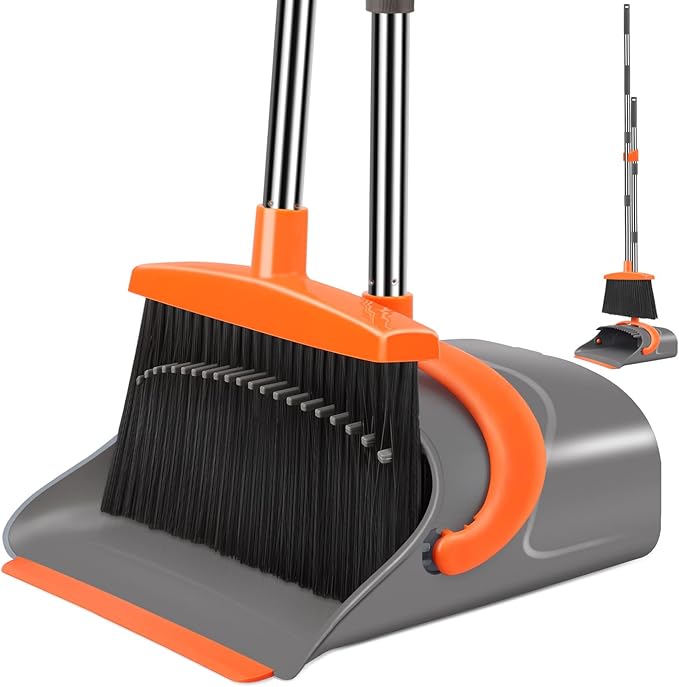 Broom and Dustpan Set for Home Broom and Dustpan Combo for Office Long Handle Broom with Upright Standing Dust panIndoor&ampOutdoor Sweeping (Gray&ampOrange)