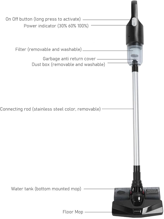 Cordless Vacuum Cleaner Powerful Suction Wet Dry Vacuum with Mop 2 Gears Adjustable 6000mAh Battery for Pet Hair Carpet Hardwood Floor (Black)