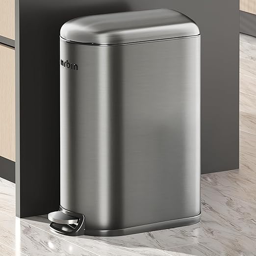 MRBIN Stainless Steel Kitchen Trash Can with Lid 10.5 Gal / 40L Slim Step Commercial Waste Basket with Inner Bucket Soft Close Covered Skinny for Narrow Bedroom Living Room Rvs Eclipse Grey