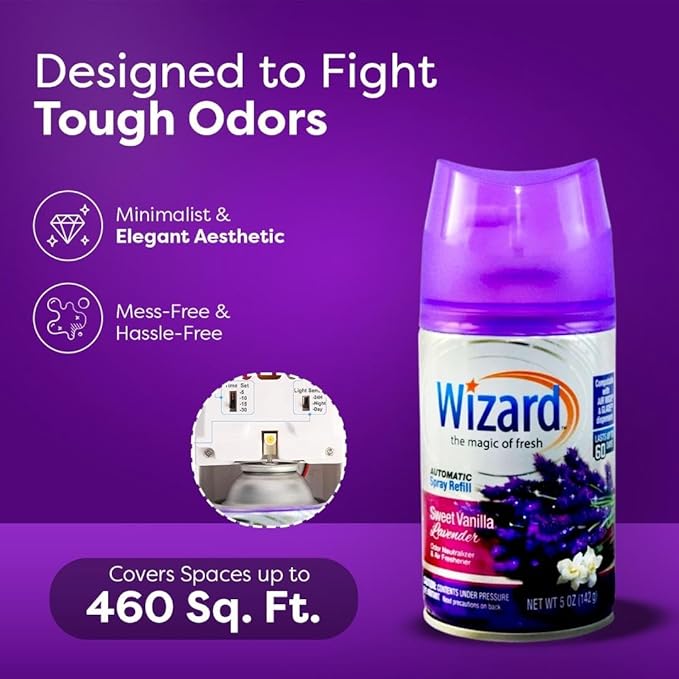 12 WIZARD AUTOMATIC SPRAY REFILLS SWEET VANILLA LAVENDER 5 oz