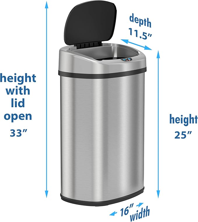 iTouchless Automatic Oval Trash Can with 3 Odor Filters Big Lid Opening Touchless Sensor Kitchen Trash Bin 13 Gallon Stainless Steel