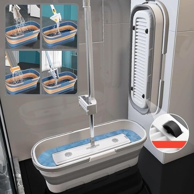 2024 New Large Flat Mop for Wet and Dry Use 54 Adjustable Stainless Steel Long Handle with 2 Washable Microfiber Pads 360 Rotating Dust Mop 12027(White Bucket)