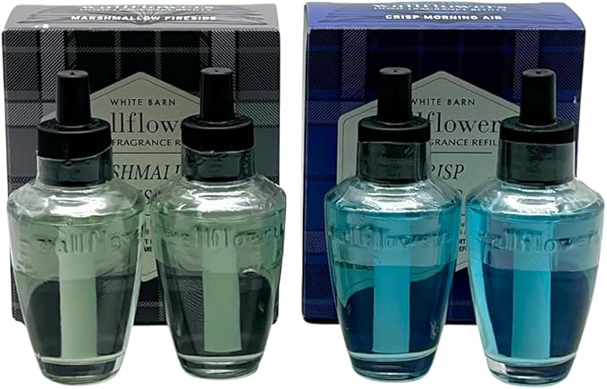 Bath &amp Body Works Wallflowers Refills Autumn Fragrance 4-Bulb Bundle – Marshmallow Fireside &amp Crisp Morning Air Gift Set with 30-Inch Metallic Silver Ribbon Bow – 2-Pack Each Box