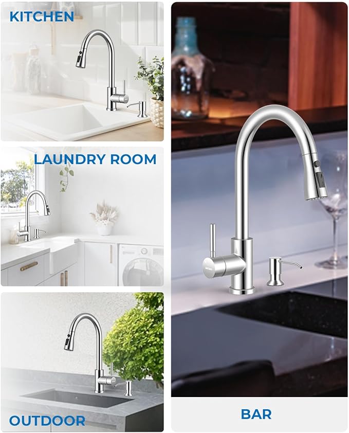 WEWE Kitchen Faucet with Pull Down Sprayer and Soap Dispenser Polished Chrome High Arc Single Handle Stainless Steel Sink Faucet Suitable for Farmhouse RV &amp Laundry