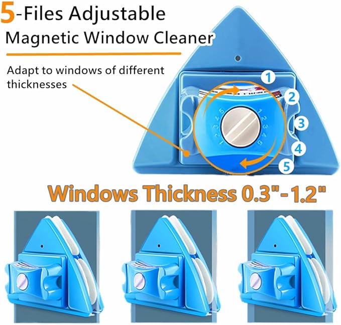 Double-sided Window Cleaner Glass Wiper Magnetic Cleaning Tools 5-Gears Adjustable Magnetic Glider Washing Brush Tools for High-Rise Double Car Glazed Windows Thickness 0.3-1.2 (Blue)