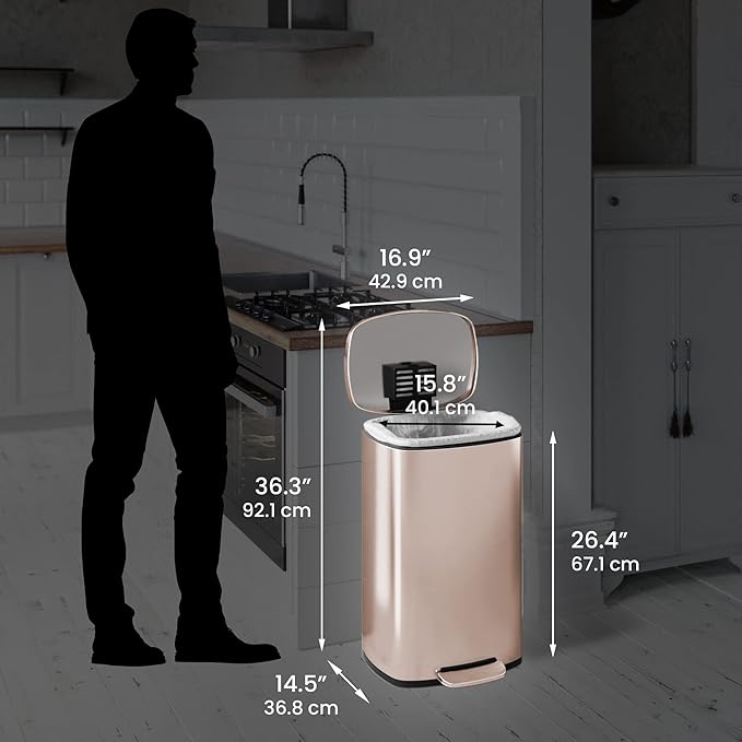 ITouchless SoftStep 13.2 Gallon Step Kitchen Trash Can with Lid and Odor Filter Rose Gold Stainless Steel 50 Liter Trashcan for Home Office Bedroom Garage Living Room Bathroom Slim Wastebasket