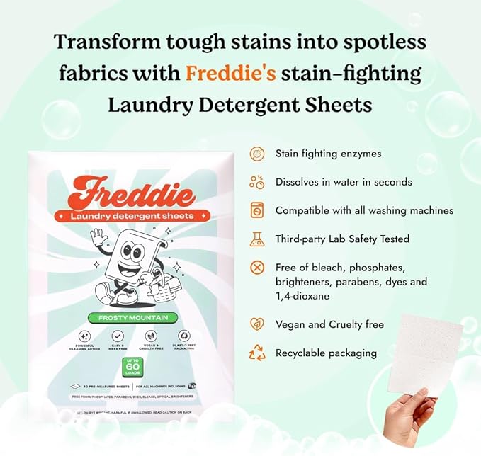 Freddie Laundry Detergent Sheets - Recyclable Packaging - No Mess Strips (Value Box (180 Loads) Frosty Mountain)