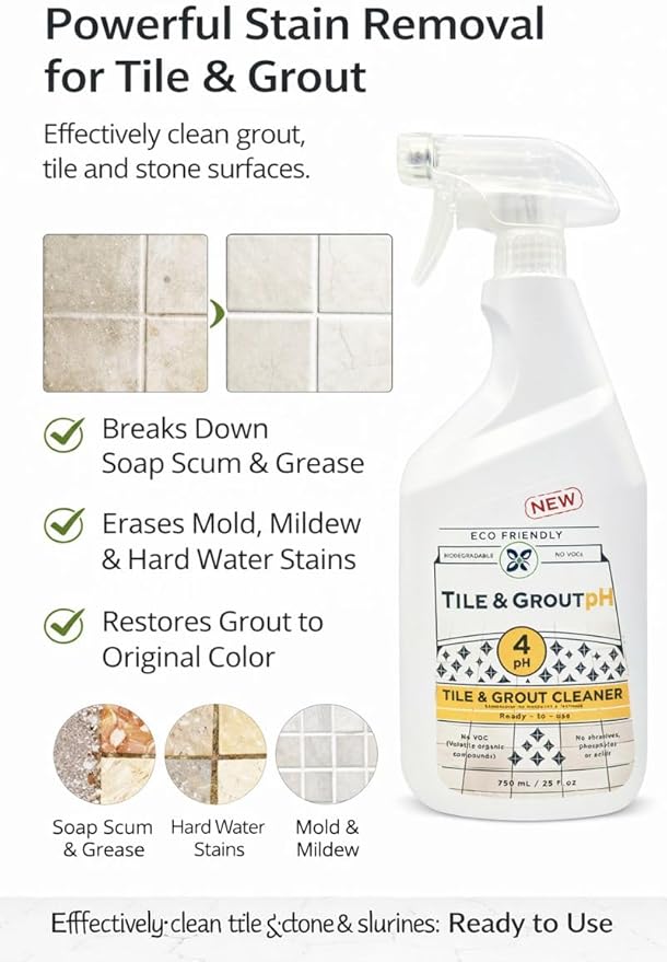 Tile &amp Grout pH – Eco-Friendly Acidic Tile &amp Grout Cleaner (pH 4) – Removes Hard Water Soap Scum &amp Grime – No VOCs Biodegradable 25 fl oz