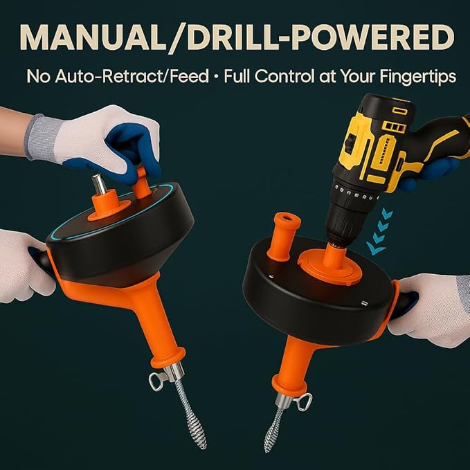50 FT Drain Snake Hair Drain Clog Remover Manual Or Powered Plumbing Snake With Drill AdapteUnclog Sink Drain Tool Drain Auger for Toilet、Shower、Kitchen、Sink No Auto Retract Or Feed Orange