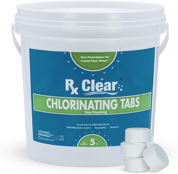 Rx Clear 1 Inch Chlorine Tabs | 5 Pounds | Use Tablets as Bactericide Algaecide &amp Disinfectant in Swimming Pools | Stabilized Long Lasting Slow Dissolving &amp UV Protected