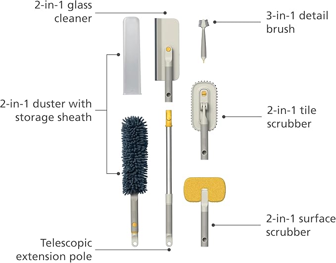Joseph Joseph CleanTech 6-Piece Cleaning Set with Extension Handle Includes: Glass Cleaner w/Squeegee Tile Scrubber Grout Brush Surface Cleaner and Duster with Telescopic Pole for Ceiling Fan