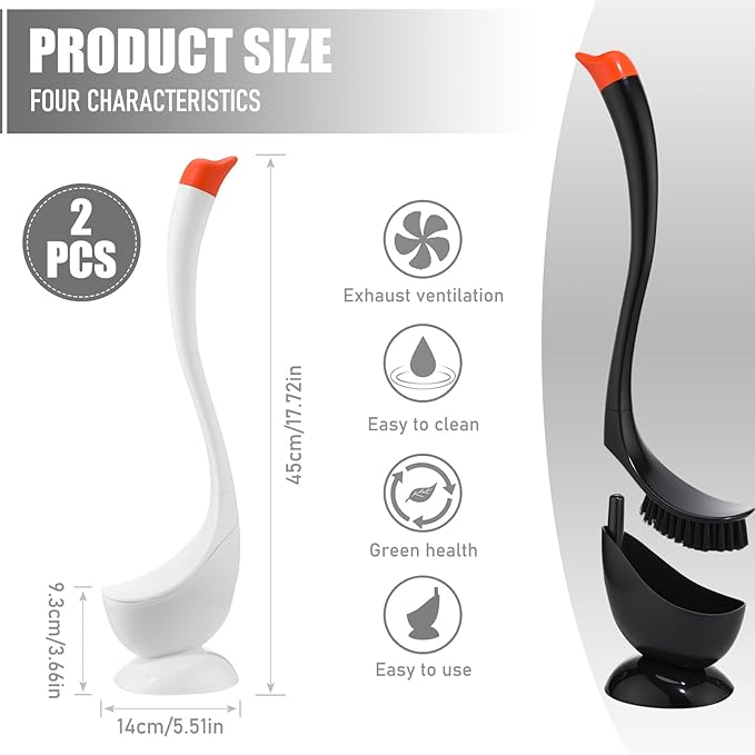 2 Sets Funny Swan Toilet Brush with Holder Bowl and Long Handle Set Ventilated Swan Toilet Bowl Brush and Holder Plastic Decorative Bathroom Accessories Decor for Bathtub Cleaning Scrubbing