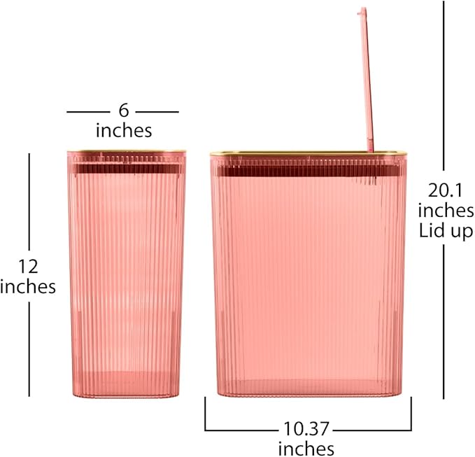 Glad Bathroom Trash Can 2.6 Gallon (10L) - Slim Plastic Waste Basket with Pop-Up Lid and Bag Ring - Colored Clear Trash Can for Bedroom Office College Dorm - Blush