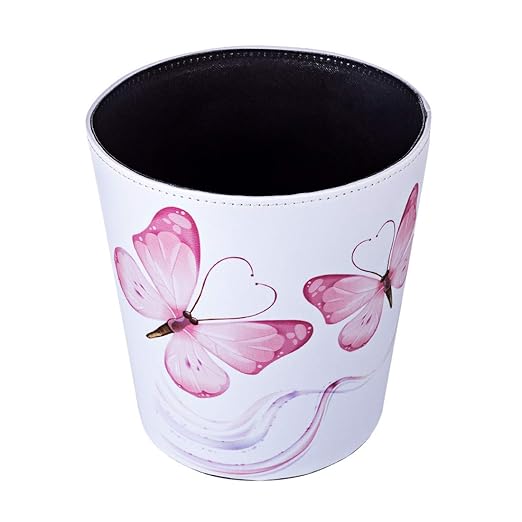 10L/2.64 Gallon PU Leather Trash Can Decorative Waterproof Wastebasket Paper Basket Garbage Bin for Home Office Bathroom - Pink Butterfly