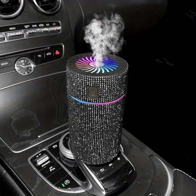 Luxury Rhinestone Car Diffuser Humidifier With LED Light Auto Air Purifier Aromatherapy Diffuser Air Freshener Car Accessories (white)