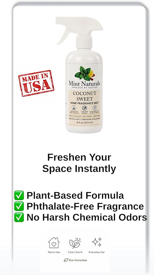 Natural Sweet Coconut Room Spray &amp Odor Eliminator – Creamy Coconut Vanilla Fragrance Mist That Helps Refresh Indoor Air 16 oz – Made in USA by Mint Naturals