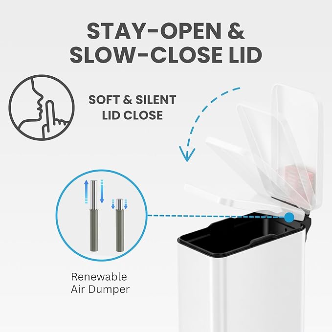 iTouchless 3 Gallon Small Wastebasket for Bathroom with Lid Deodorizer Soft-Step Stainless Steel Slim Garbage Bin 11.5L White Small Trash Can Step Pedal Minimalist Nursery Decor for Clinic &amp