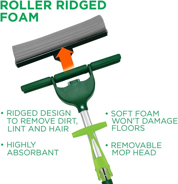 Pine-Sol PVA Sponge Roller Mop – Self Wringing Easy Squeeze for Wet Mopping | Telescoping Household Cleaning Tool for Tile Laminate Vinyl Floors | Extendable Metal Handle