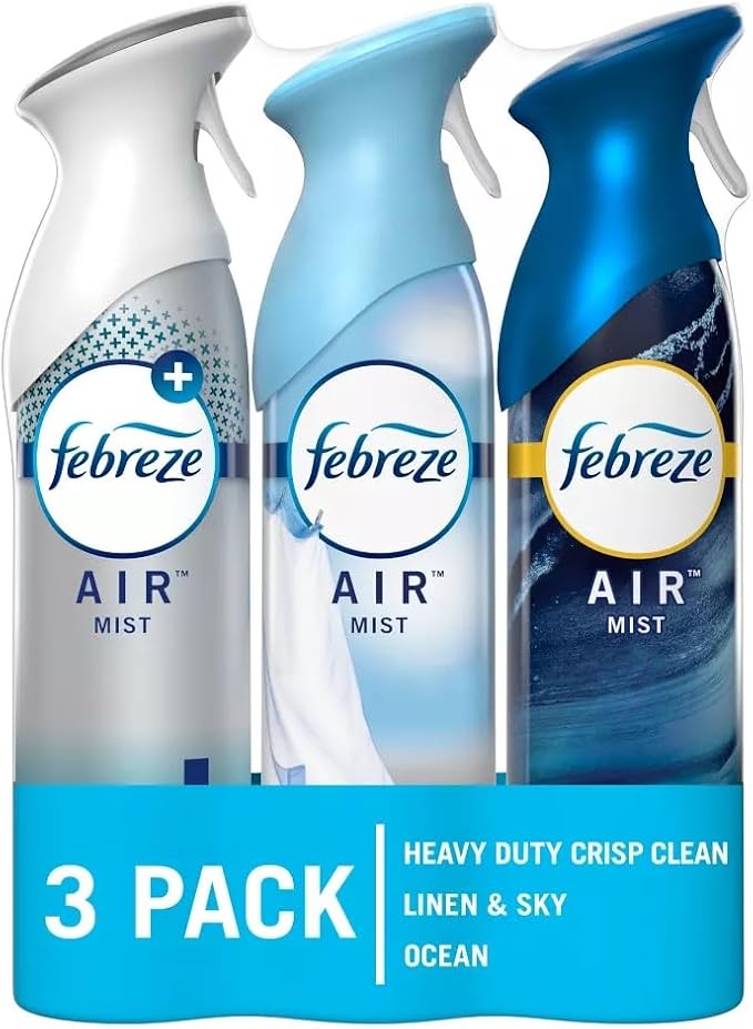 Febreze Odor-Fighting Air Freshener Room Fresheners Air Effects Air Spray Air Mist 8.8 Ounce - 3 Variety Count (Pack of 1) (Crisp Clean Linen &amp Sky Ocean)