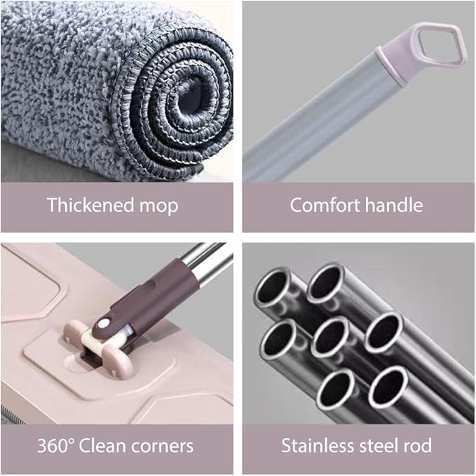 Lazy Person's Self-Washing Flat Mop 360° Rotatable Adjustable Cleaning Mop Hands-Free Flat Floor Mop Wet and Dry Mop Self Wringing Flat Mop Microfiber Mops for Floor Cleaning (With 6 Cloth 33*11CM)