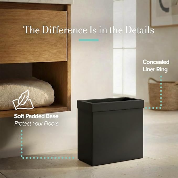 Gatco Small Bathroom Trash Can with Lid Rectangle 3 Gallon Stainless Steel Wastebasket Under Sink Matte Black for Bathroom Bedroom Office (1918)