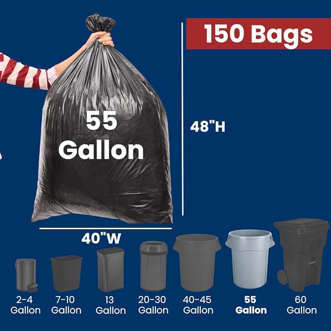 55 Gal Trash Bags | 150 Count | 36 X 60 Black Extra-Large Garbage Bags for Big Jobs