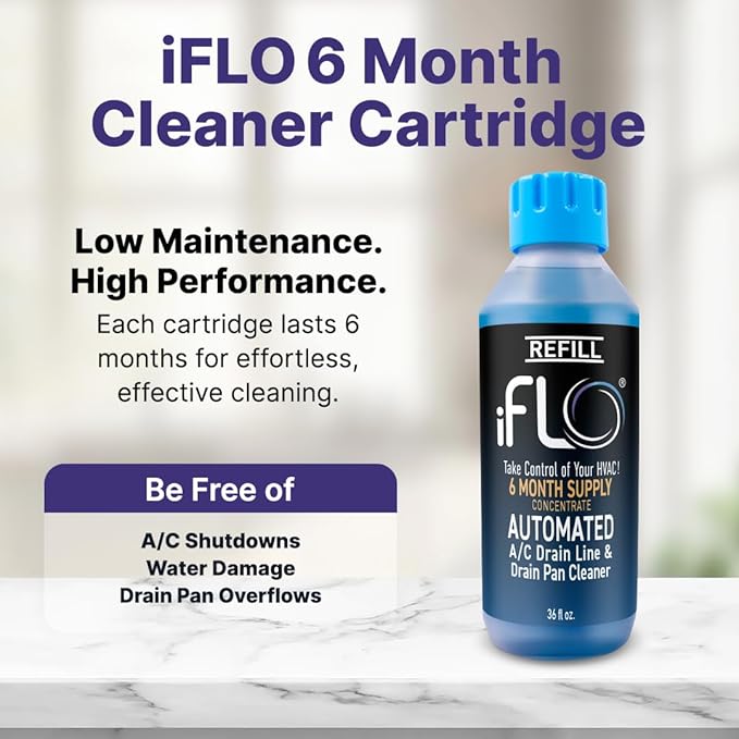 iFLO® Smart A/C Drain Line Cleaner and Drain Pan Cleaner Cartridge Concentrate Fast-Acting Long-Lasting HVAC System Solution for Tough Clogs &amp Buildup 6-Month Supply per Bottle 1 Pack of 36oz