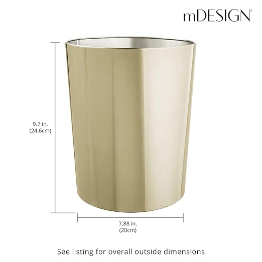 mDesign Round Metal Small 1.7 Gallon Recycle Trash Can Wastebasket Garbage Container Bin for Bathrooms Kitchen Bedroom Home Office - Durable Stainless Steel - Mirri Collection - Soft Brass
