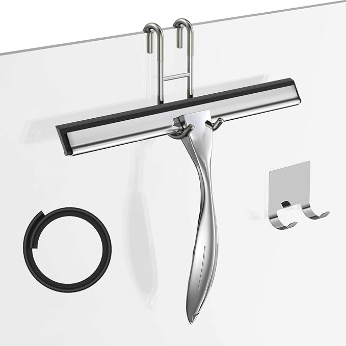 Shower Squeegee Set 10-Inch Stainless Steel Squeegee for Bathroom Shower Doors Mirrors Tiles and Car Windows - 100% Streak Free Includes Shower Door Hook Adhesive Hook and Spare Silicone Blade