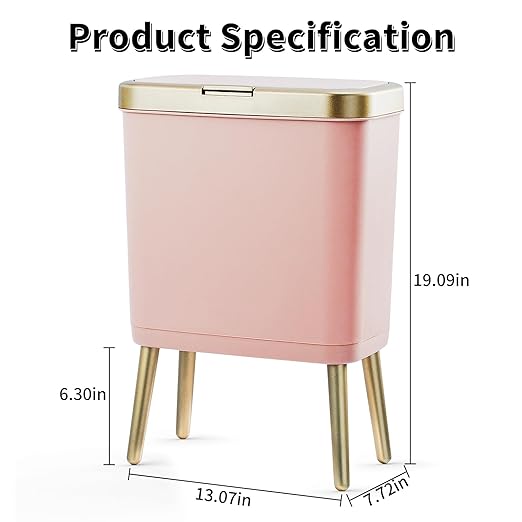 Procade Bathroom Trash Can with Lid 4 Gallon Pink Garbage Can Tall Plastic Trash Bin with Push Button Slim Gold Trash Can Waste Basket for Room BedroomOfficeKitchen